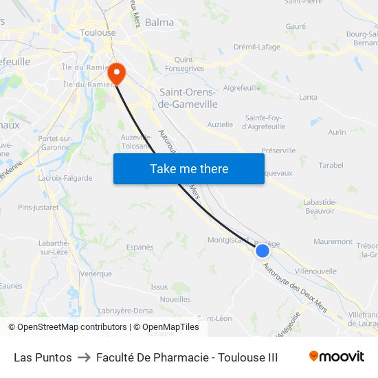 Las Puntos to Faculté De Pharmacie - Toulouse III map