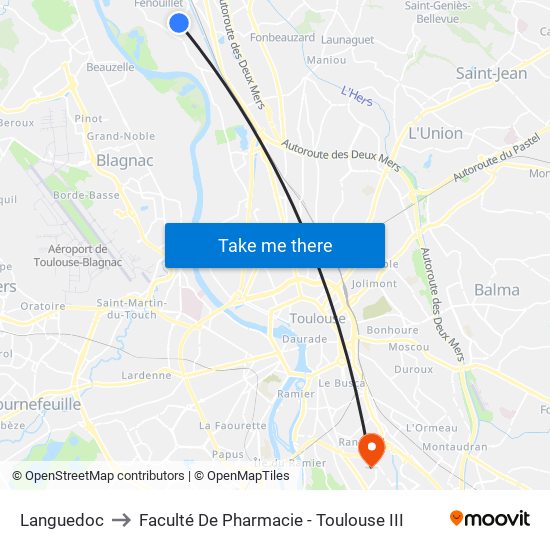 Languedoc to Faculté De Pharmacie - Toulouse III map