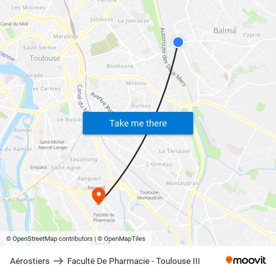 Aérostiers to Faculté De Pharmacie - Toulouse III map