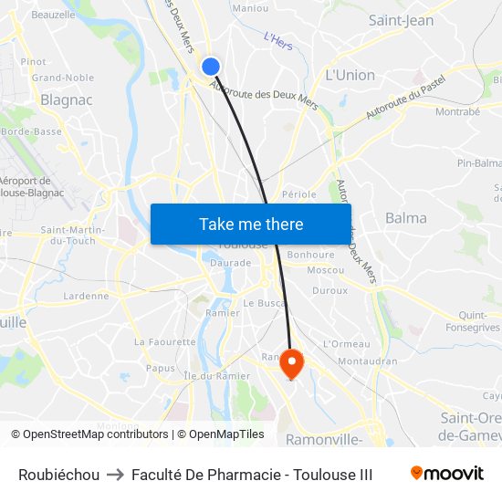 Roubiéchou to Faculté De Pharmacie - Toulouse III map