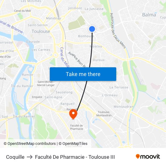 Coquille to Faculté De Pharmacie - Toulouse III map