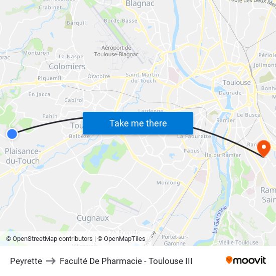 Peyrette to Faculté De Pharmacie - Toulouse III map