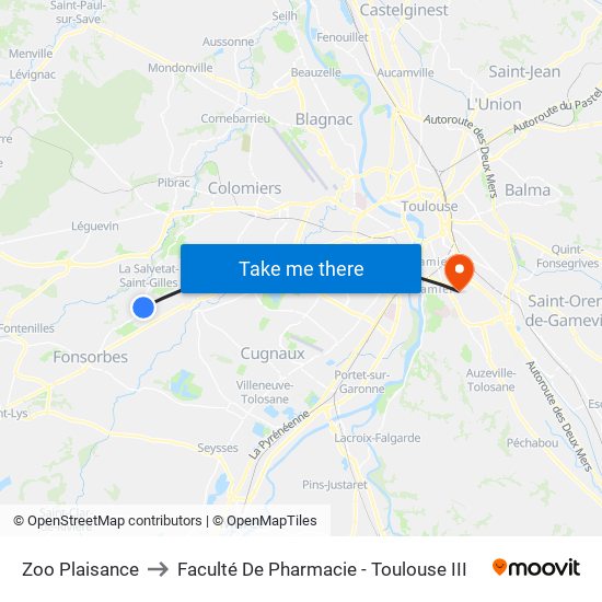 Zoo Plaisance to Faculté De Pharmacie - Toulouse III map
