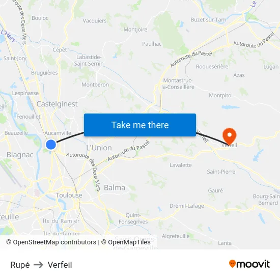 Rupé to Verfeil map
