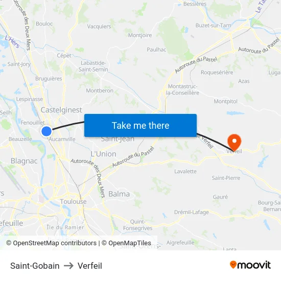 Saint-Gobain to Verfeil map