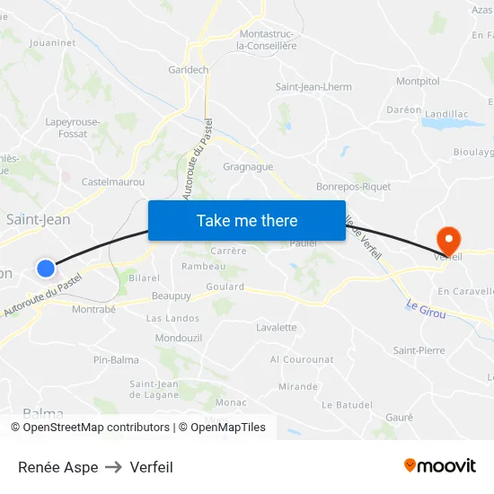 Renée Aspe to Verfeil map