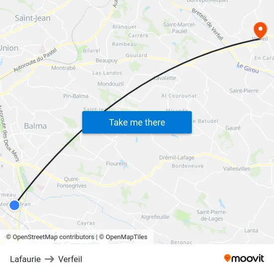 Lafaurie to Verfeil map