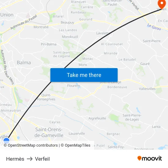 Hermès to Verfeil map