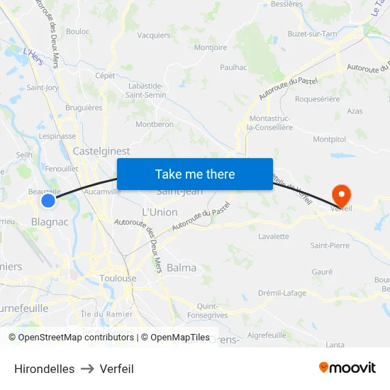 Hirondelles to Verfeil map