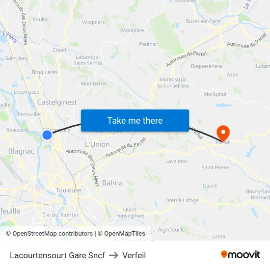 Lacourtensourt Gare Sncf to Verfeil map