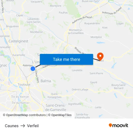 Caunes to Verfeil map