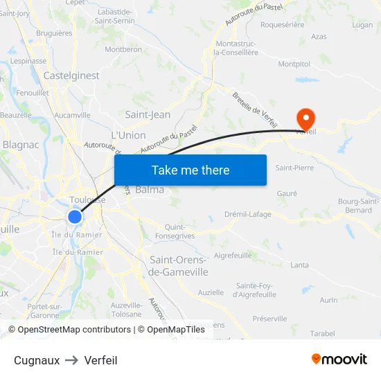 Cugnaux to Verfeil map