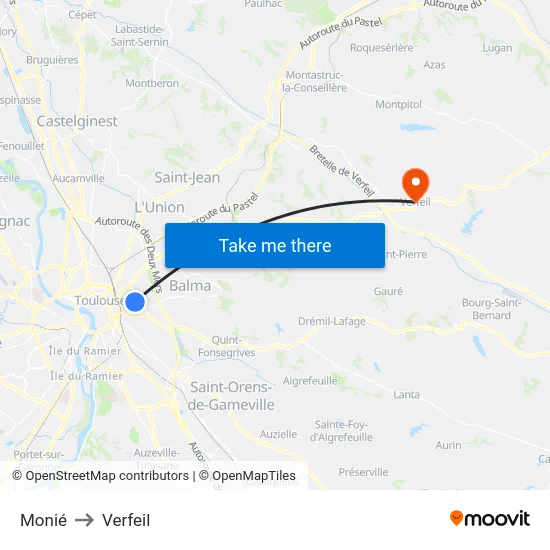 Monié to Verfeil map
