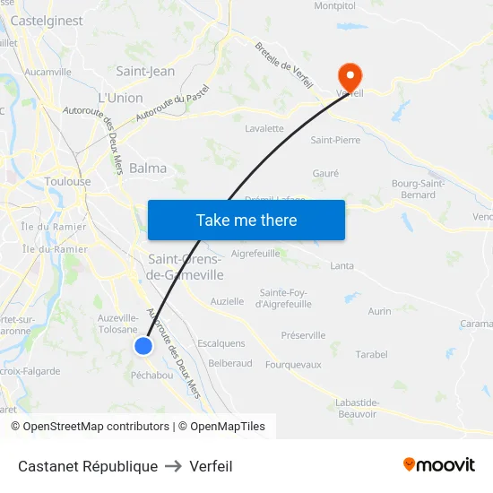Castanet République to Verfeil map