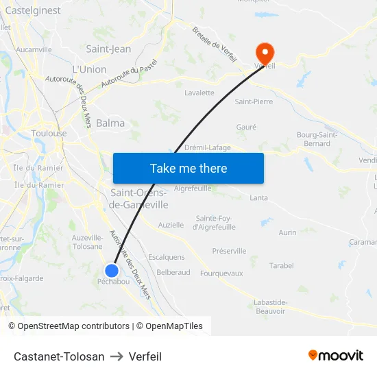 Castanet-Tolosan to Verfeil map