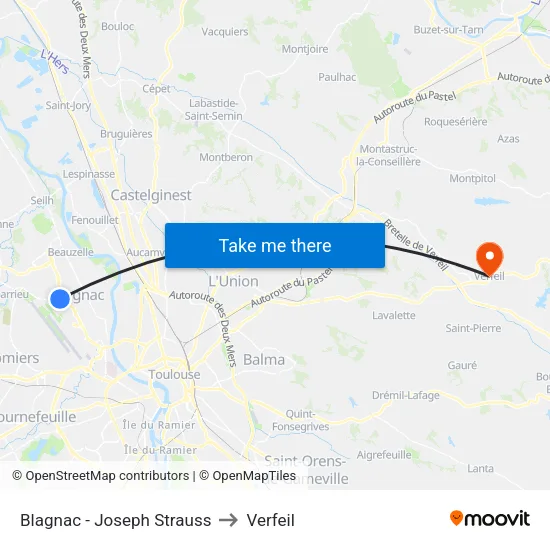 Blagnac - Joseph Strauss to Verfeil map