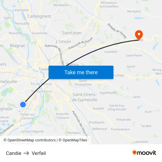 Candie to Verfeil map