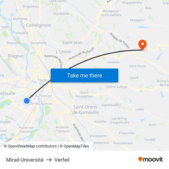 Mirail-Université to Verfeil map