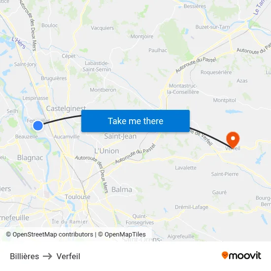 Billières to Verfeil map