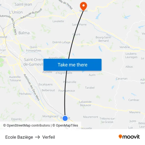 Ecole Baziège to Verfeil map