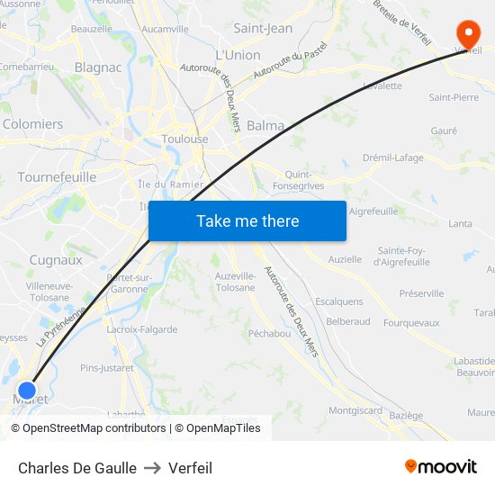 Charles De Gaulle to Verfeil map