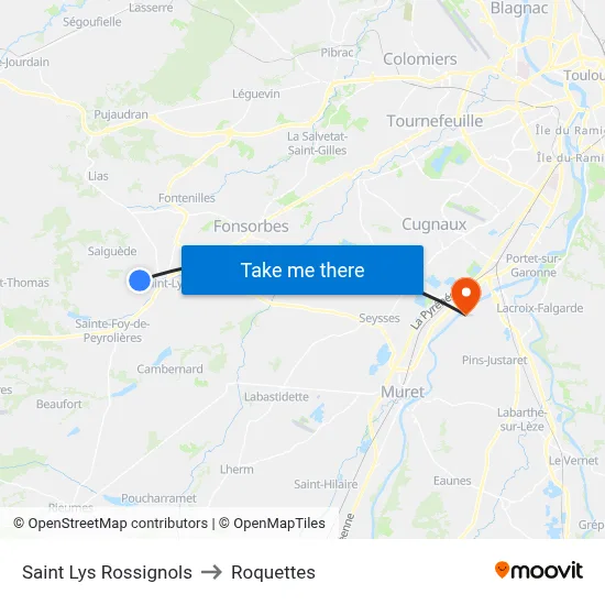 Saint Lys Rossignols to Roquettes map