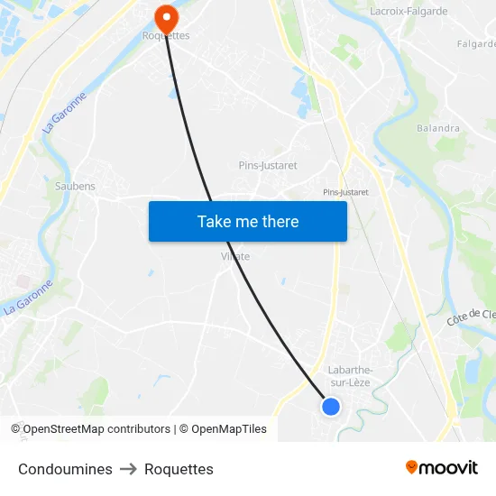 Condoumines to Roquettes map