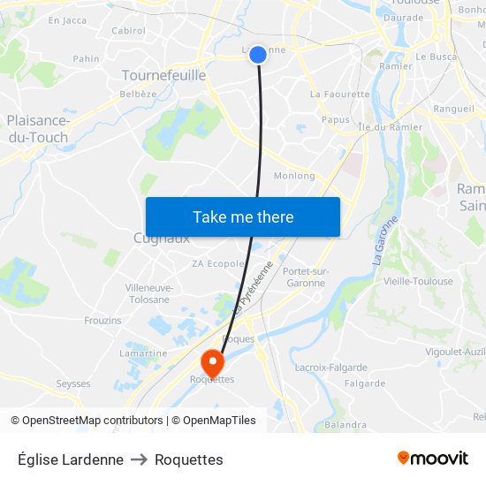 Église Lardenne to Roquettes map