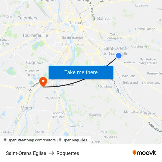 Saint-Orens Eglise to Roquettes map