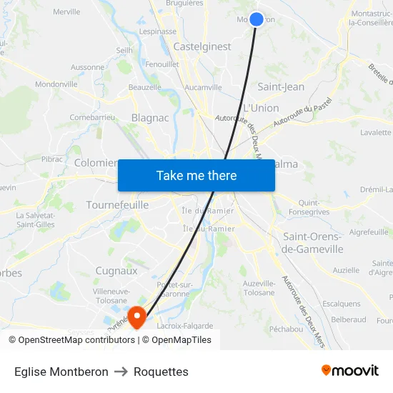 Eglise Montberon to Roquettes map