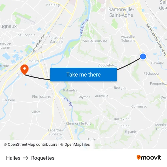 Halles to Roquettes map