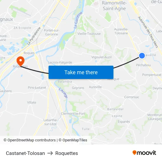 Castanet-Tolosan to Roquettes map