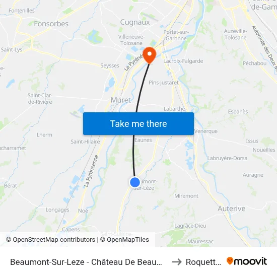 Beaumont-Sur-Leze - Château De Beaumont to Roquettes map