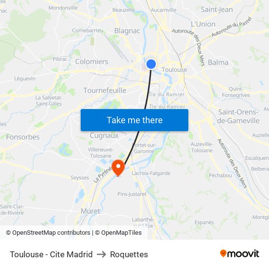 Toulouse - Cite Madrid to Roquettes map