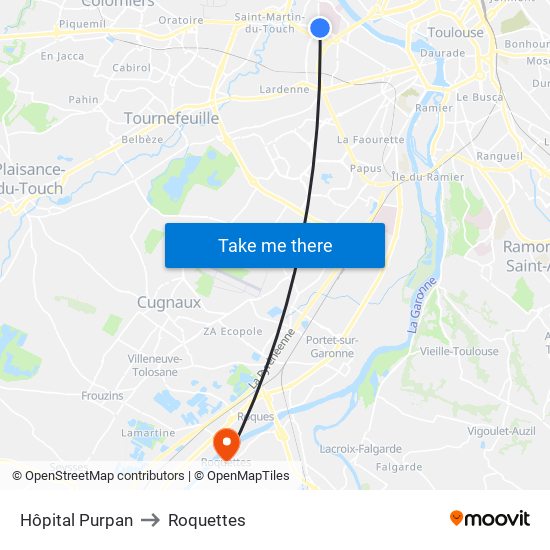 Hôpital Purpan to Roquettes map