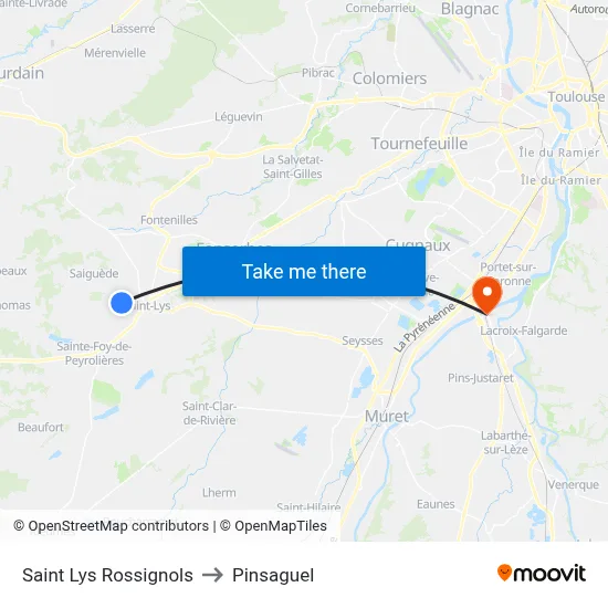 Saint Lys Rossignols to Pinsaguel map