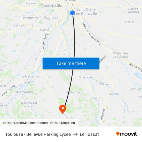 Toulouse - Bellevue Parking Lycée to Le Fossat map