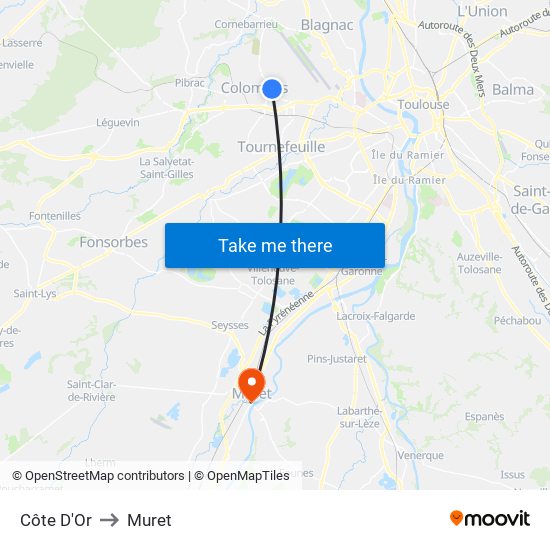 Côte D'Or to Muret map