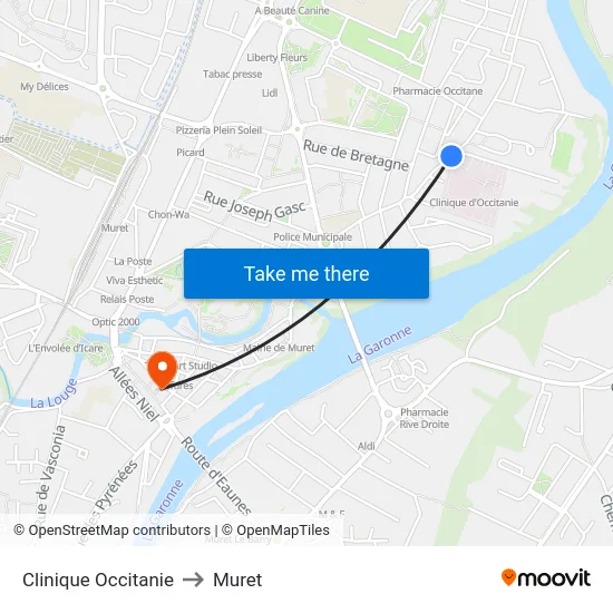 Clinique Occitanie to Muret map