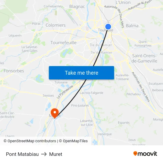 Pont Matabiau to Muret map