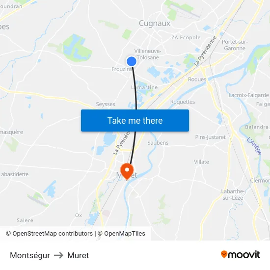 Montségur to Muret map