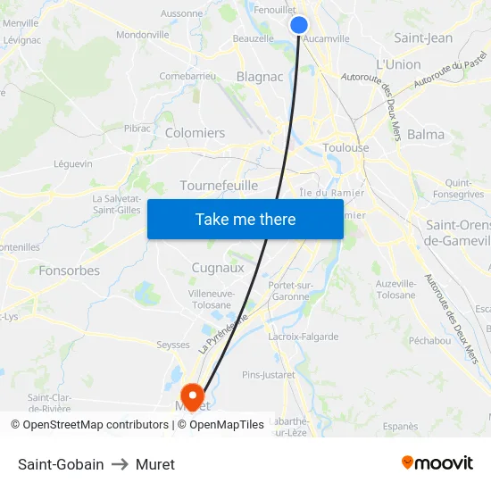Saint-Gobain to Muret map