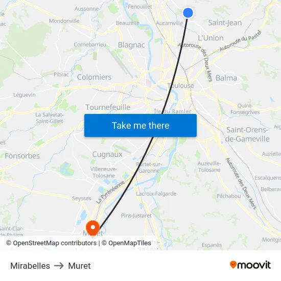 Mirabelles to Muret map