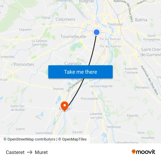 Casteret to Muret map