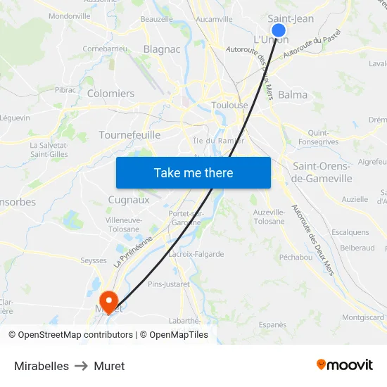Mirabelles to Muret map