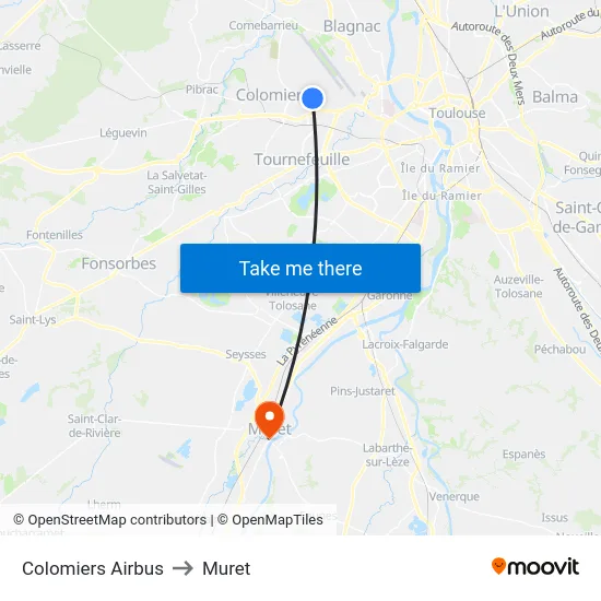 Colomiers Airbus to Muret map