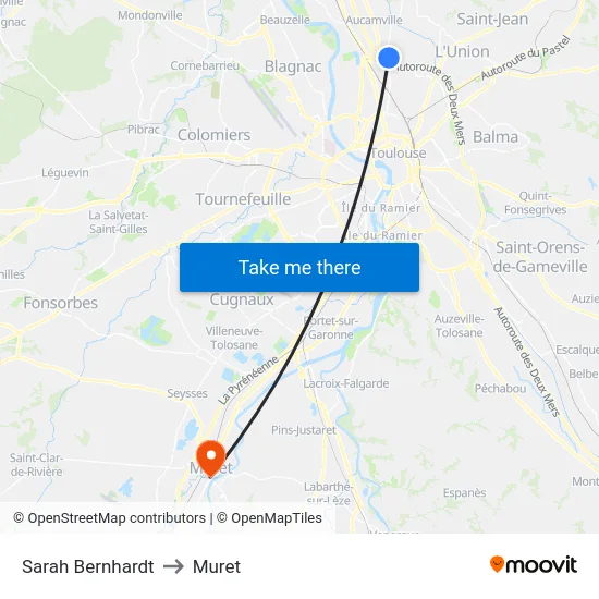 Sarah Bernhardt to Muret map