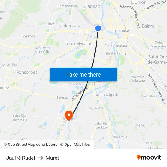 Jaufré Rudel to Muret map