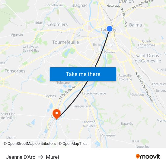 Jeanne D'Arc to Muret map
