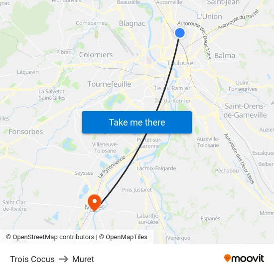 Trois Cocus to Muret map